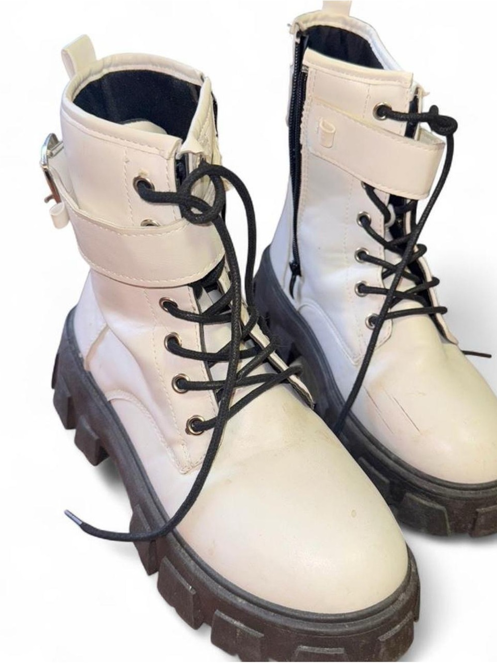White Platform Combat Boots with Black Laces - Women's